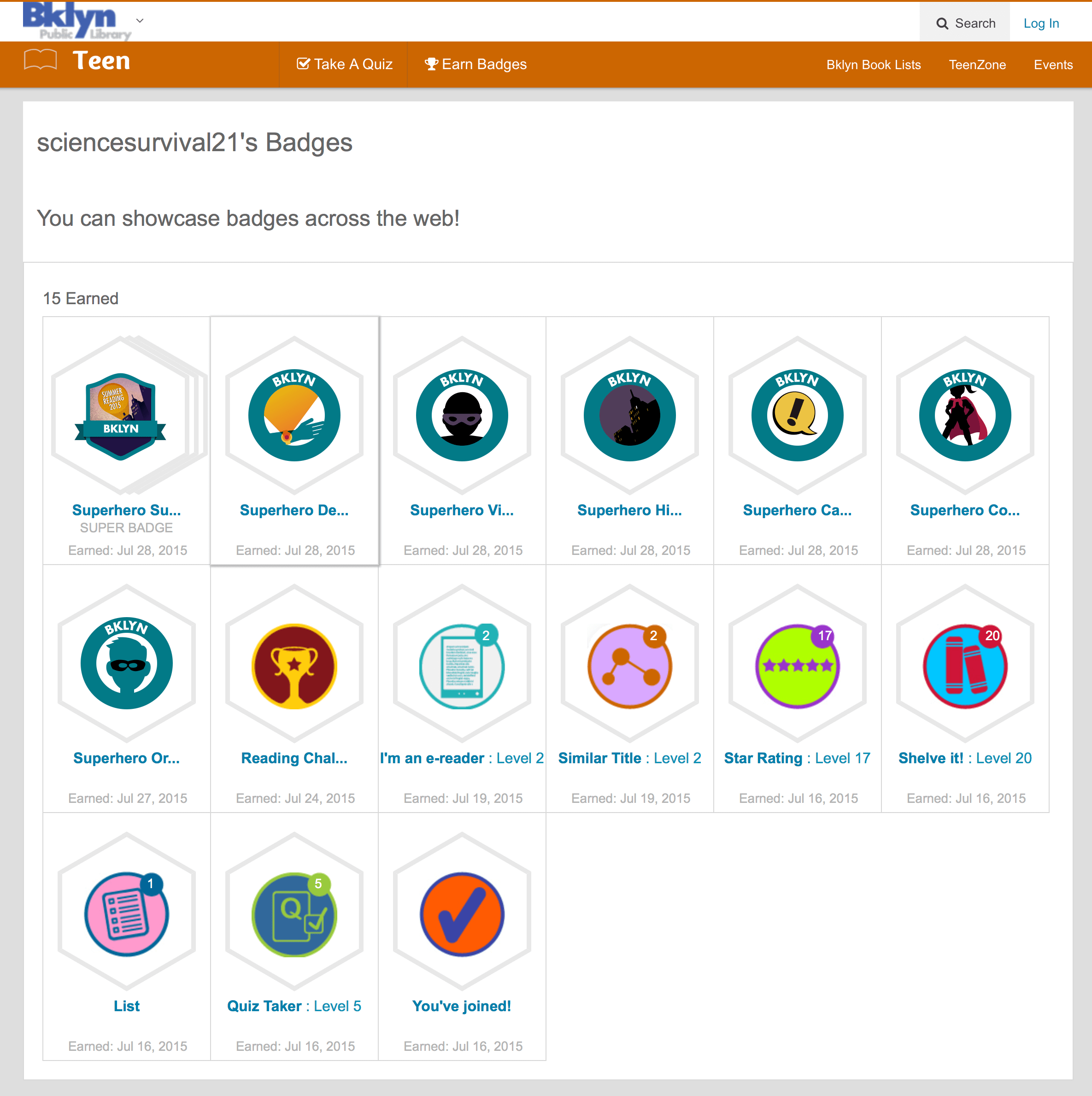 One user's earned badges in a summer site